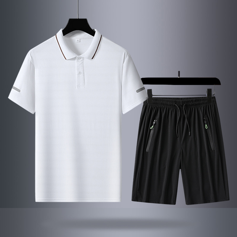 Verano hielo de manga corta pantalones cortos de dos piezas hombres camiseta de manga corta polo casual con solapa de mediana edad pantalones cortos grandes