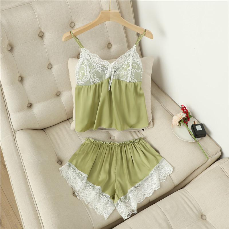 V-Neck Sexy Suspender Skirt Shorts Two-Piece Set for Women, Breathable, Soft, Comfortable and Skin-Friendly Women's Home Wear, Ice Silk Pajamas