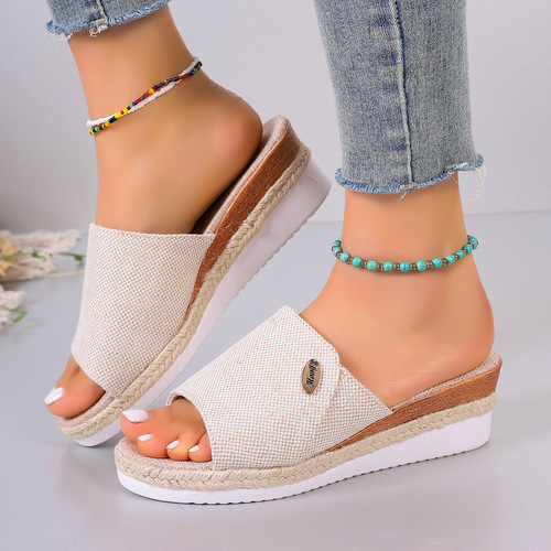 Summer New Fabric Wedge Slippers, Plus-Size Thick-Soled Jute Strap Sandals, Women's Wholesale European and American Style Flip-Flops
