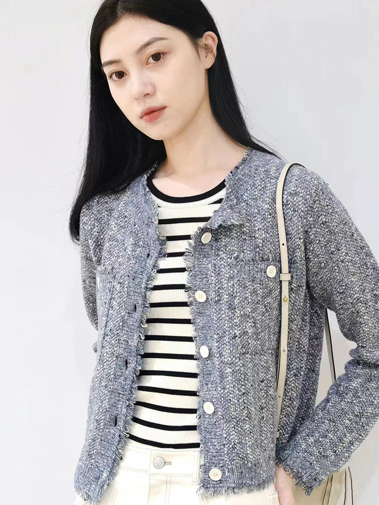 Hanyuan Apparel/ 25Th Autumn New Style Chanel-Inspired Cotton Blend Tweed Knitted Cardigan Short Jacket