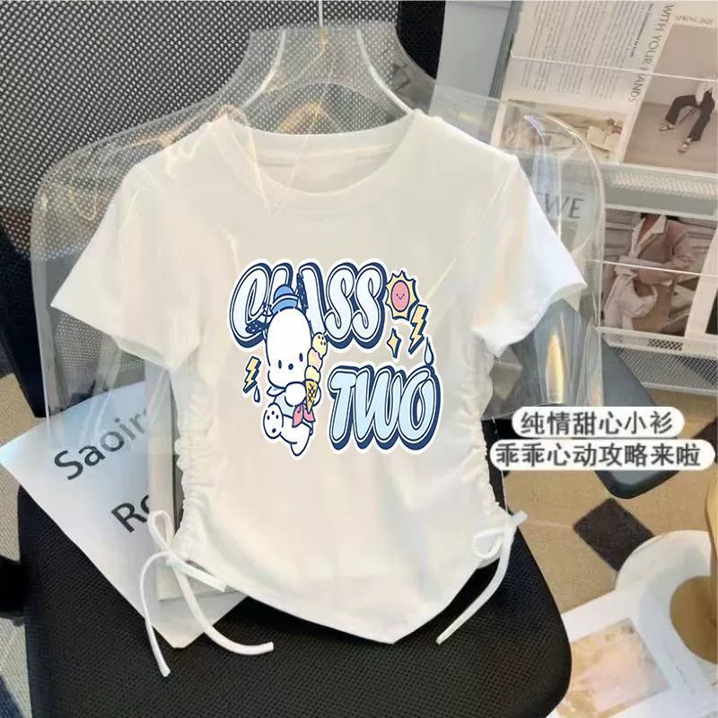 Hello kitty, шелковая летняя футболка, шнурок, с коротким рукавом, slim fit, западный стиль, для подростков