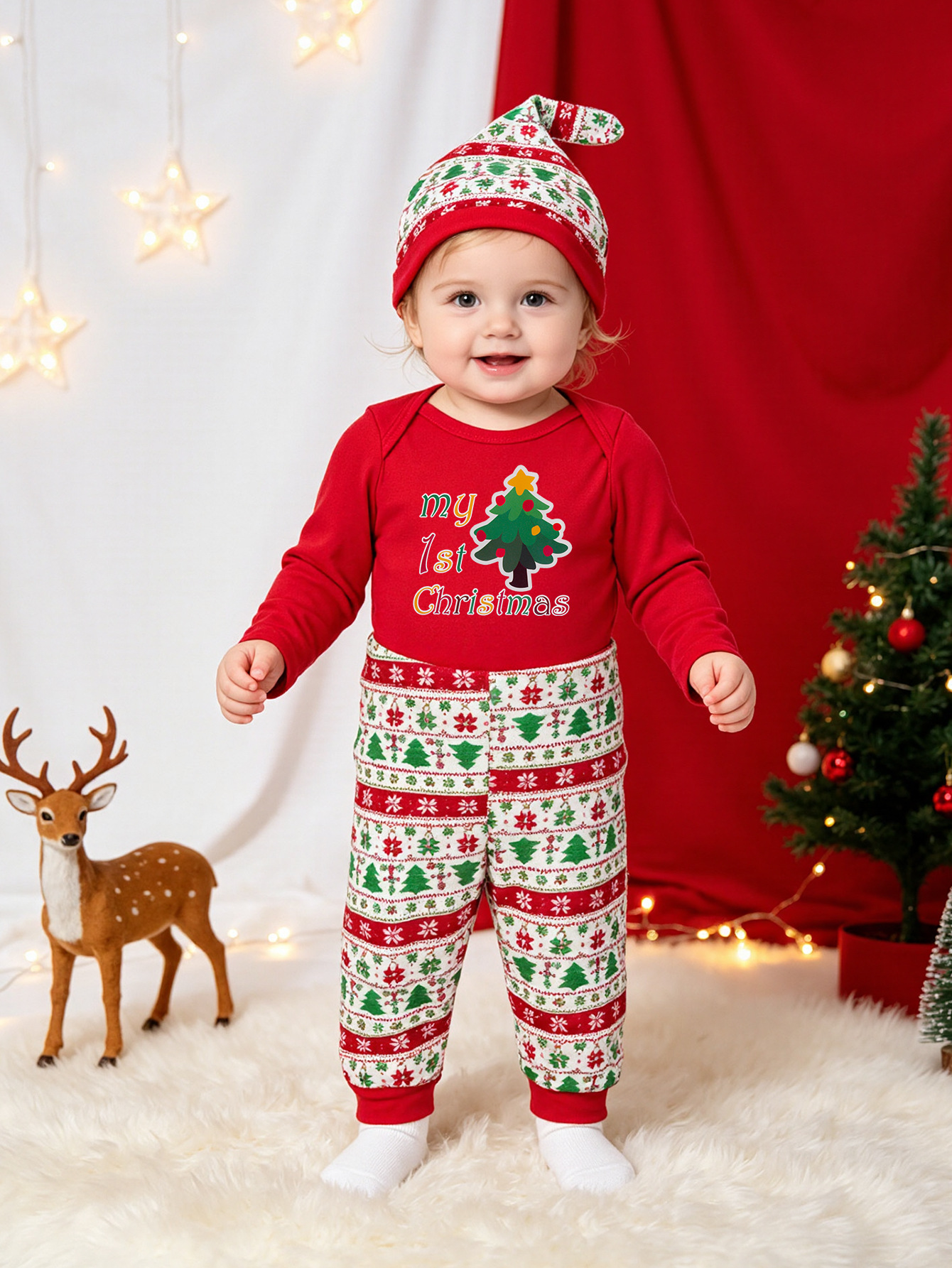 Cross-Border Christmas Children's Clothing Baby Clothing Full-Print Christmas Tree Long-Sleeved Robe Pants Hat 3-Piece Party Suit