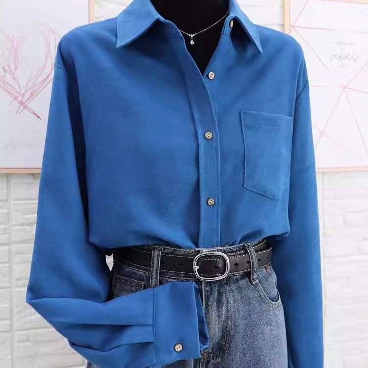 2025 Autumn and Winter Thickened Layered Shirt Women's Inner Top Klein Blue Brushed Shirt Jacket
