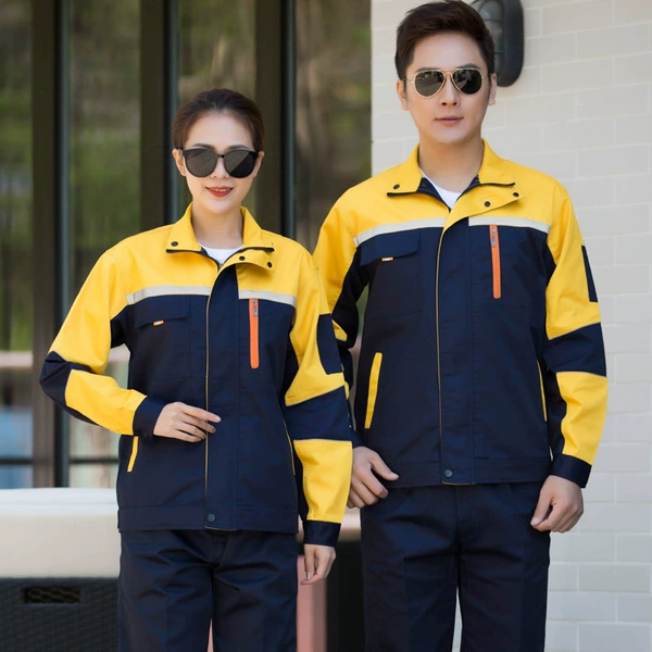 Work clothes polyester fifth generation navy blue and yellow (top and pants)