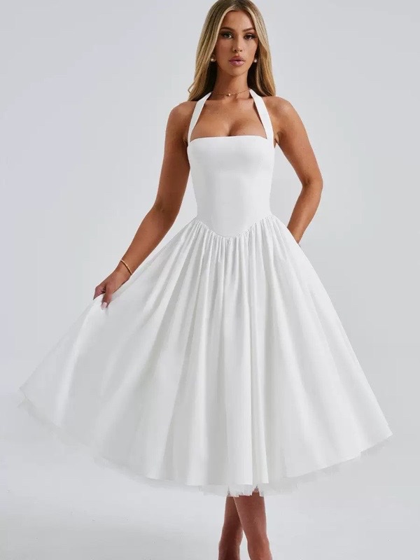 French Halter Neck Backless Dress Sexy Tie Up Midi Skirt Mesh Fabric Women's Clothing New_ecoleips.com