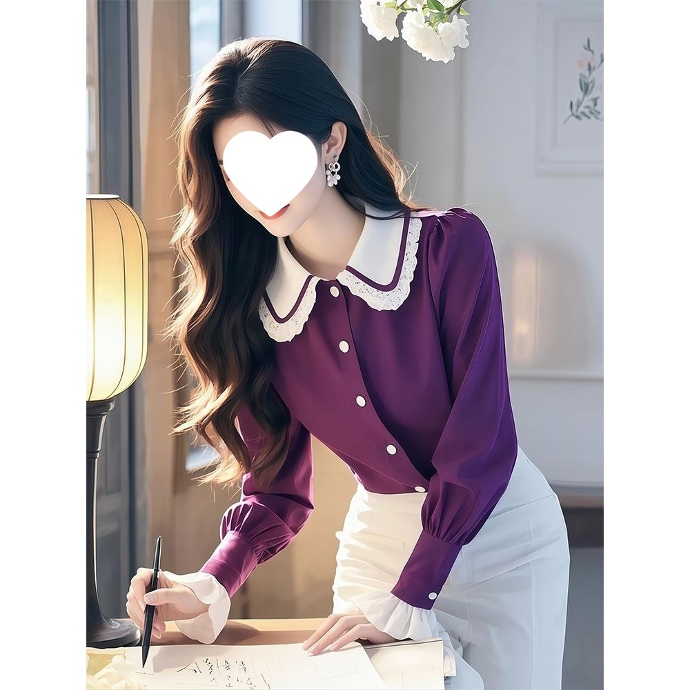 紫色长袖衬衫春装女款2025年新款爆款小衫独特漂亮法式小香风上衣