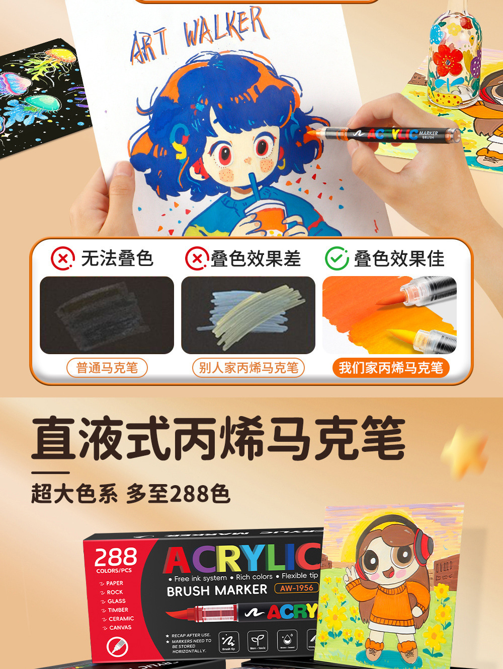 Direct-fill Soft-tip Acrylic Marker Pen 418 Colors Art Drawing Stationery Set for Children DIY Doodling Pen Wholesale