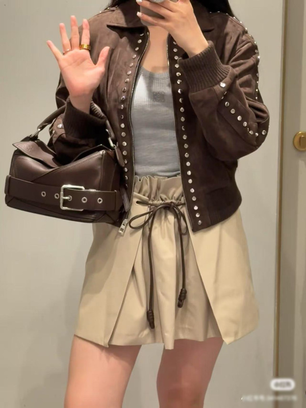 南油高端女装2025年早秋冬LOE*新款麂皮绒铆钉夹克翻领皮衣外套女|undefined