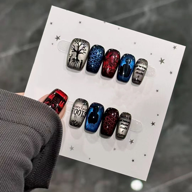 Rusty Lake fan-made wearable nails, dark suspense game hand-painted tree shadow design, beautiful fake nail patches, cross-border Rusty Lake fan-made wearable nails, dark suspense game hand-painted tree shadow design, beautiful fake nail patches, cross-border