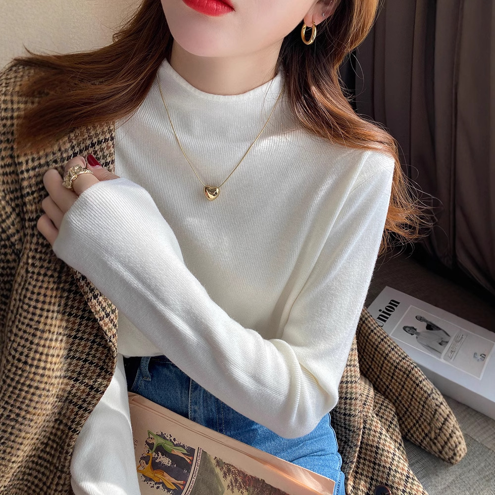 가을과 겨울을위한 두꺼운 고급 반 높이 목베이스 셔츠 기질 내부 울 긴팔 스웨터 슬림 핏 스웨터