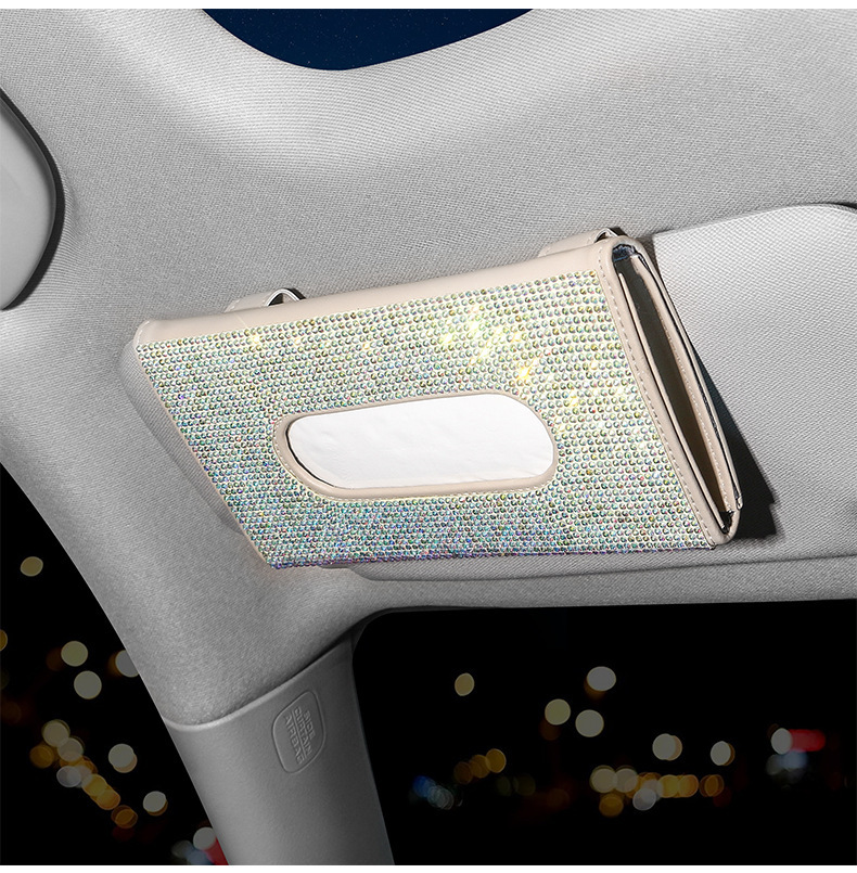 Car Sun Visor Tissue Box Leather Seat Back Diamond Tissue Holder Creative Fashion Women's Rhinestone Car Tissue Box