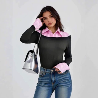 独立站衬衫领条纹拼接修身开衫T恤女2026新款独特超好看减龄上衣