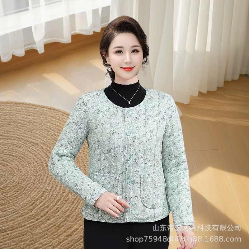 Леди мама с цветочным подсветкой Тонкая хлопчатобумажная куртка с хлопчатобумажной рубашкой среднего и пожилого возраста теплая хлопчатобумажная одежда большого размера женщина