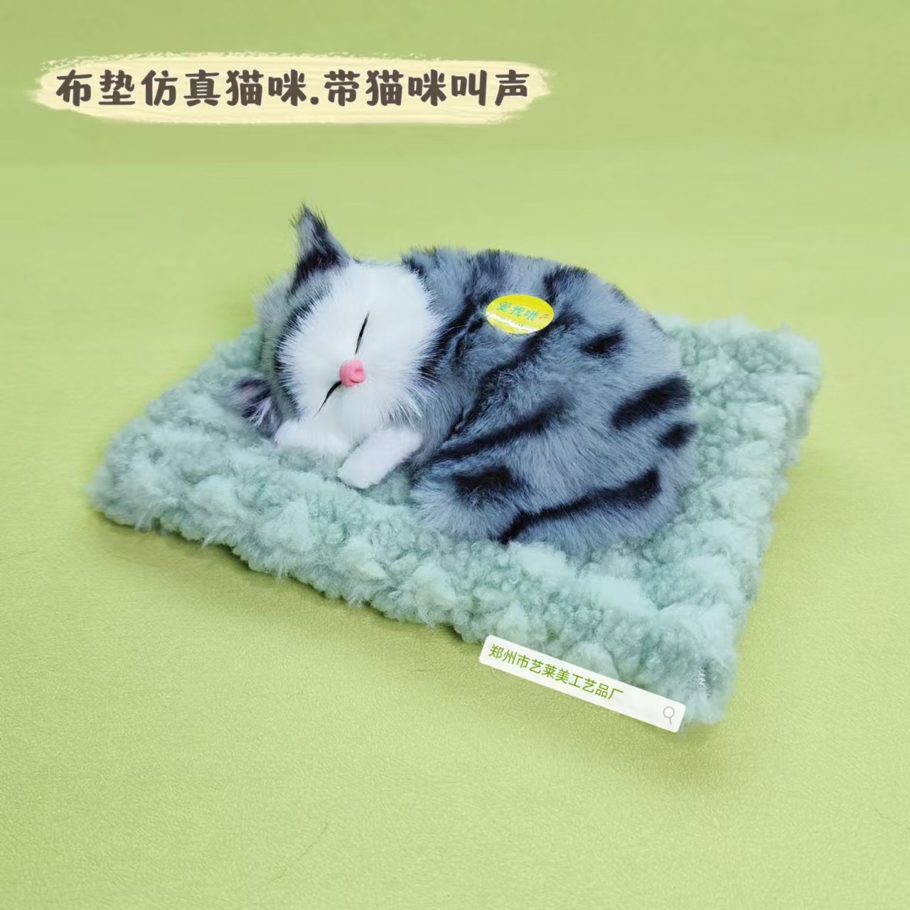 녹색 천 패드 회색 잠자는 고양이