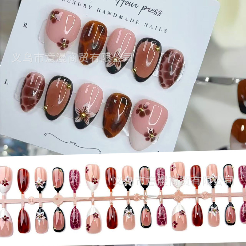 European and American Autumn and Winter Hot-Selling Ultra-Short Almond-Shaped High-Quality Wearable Nails in Amber Black-Brown with a Stylish Vibe, Nail Stickers for Cross-Border Sales European and American Autumn and Winter Hot-Selling Ultra-Short Almond-Shaped High-Quality Wearable Nails in Amber Black-Brown with a Stylish Vibe, Nail Stickers for Cross-Border Sales