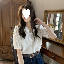 韩系温柔短袖衬衫女夏季新款设计感小众蕾丝花边宽松白色上衣