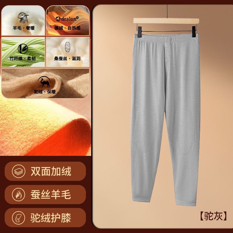Pantalones térmicos de lana de camello para hombre, nuevos para otoño e invierno, leggings de color sólido, pantalones de capa base con rodilleras