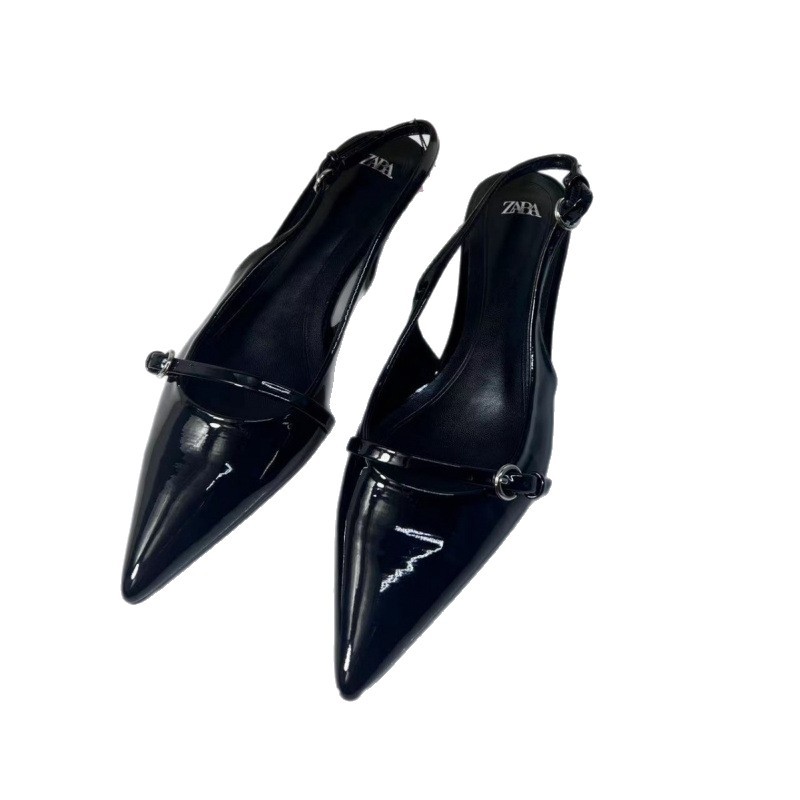 2026 new summer pointed round buckle thin heel shallow back strap mid heel fashionable simple elastic band sandals for women