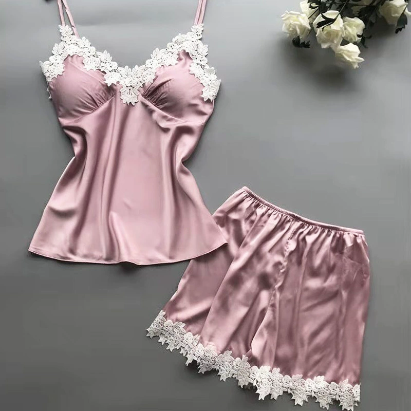 Пижамный набор для женщин, атласный лоскутный топ-с camisole и шорты, лето, расширенный размер (S–2XL)