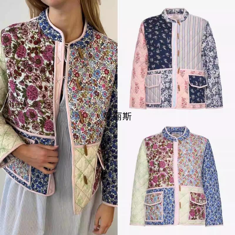 European and American cotton-padded jacket design short versatile wear two-sided coat ethnic style floral French cotton-padded jacket feel stitching foreign trade