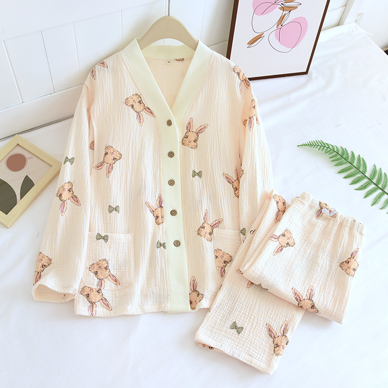 면 크레이프 V-넥 활 토끼 달 세트 세트