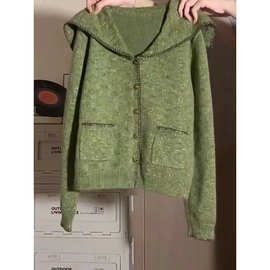 复古军绿色慵懒风海军领开衫毛衣外套女秋冬设计感宽松针织衫上衣