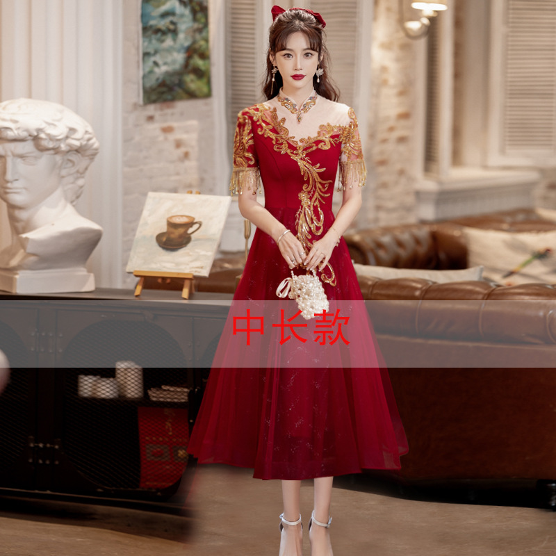 Vestido tostado de estilo chino para la novia, boda transfronteriza, ropa informal el día de la boda, vestido de compromiso de primavera burdeos, vestido de novia para mujer
