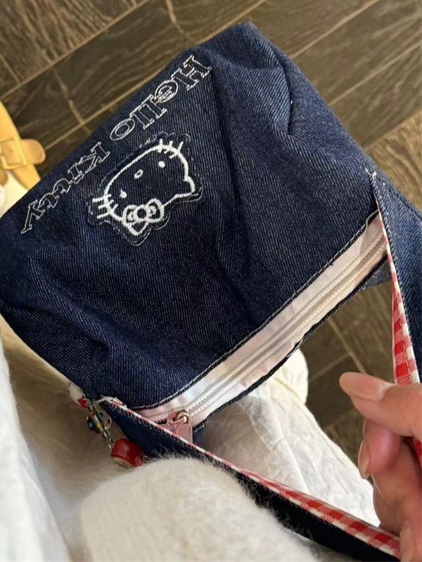 ins かわいい新しい刺繍キティデニム通勤バッグポータブル収納外出大容量コントラストカラーハンドバッグ|undefined