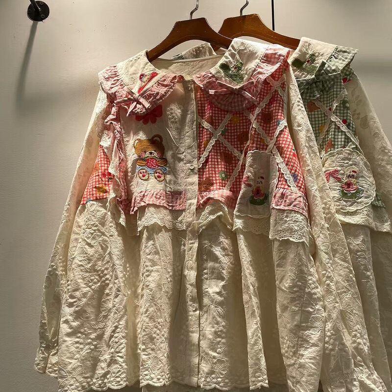 Autumn Women's New Style Mori Girl Doll Collar Embroidered Bear Plaid Pure Cotton Loose Long-Sleeved Shirt Women's Shirt