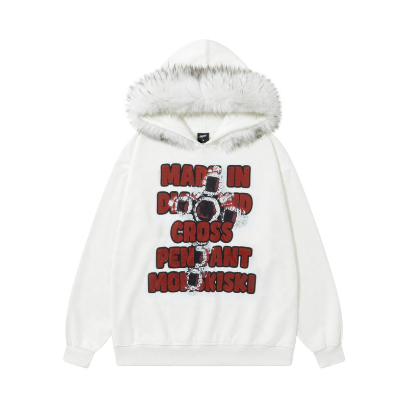 American-style streetwear hoodie with detachable faux fur collar, featuring a cross and letter design, unisex, loose fit, versatile top American-style streetwear hoodie with detachable faux fur collar, featuring a cross and letter design, unisex, loose fit, versatile top