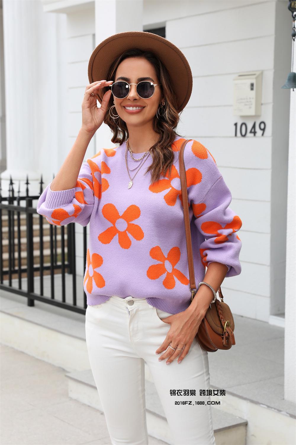 2023 otoño e invierno nuevo transfronterizo suéter impreso de las mujeres Comercio exterior Amazon popular suéter flor más el tamaño para las mujeres