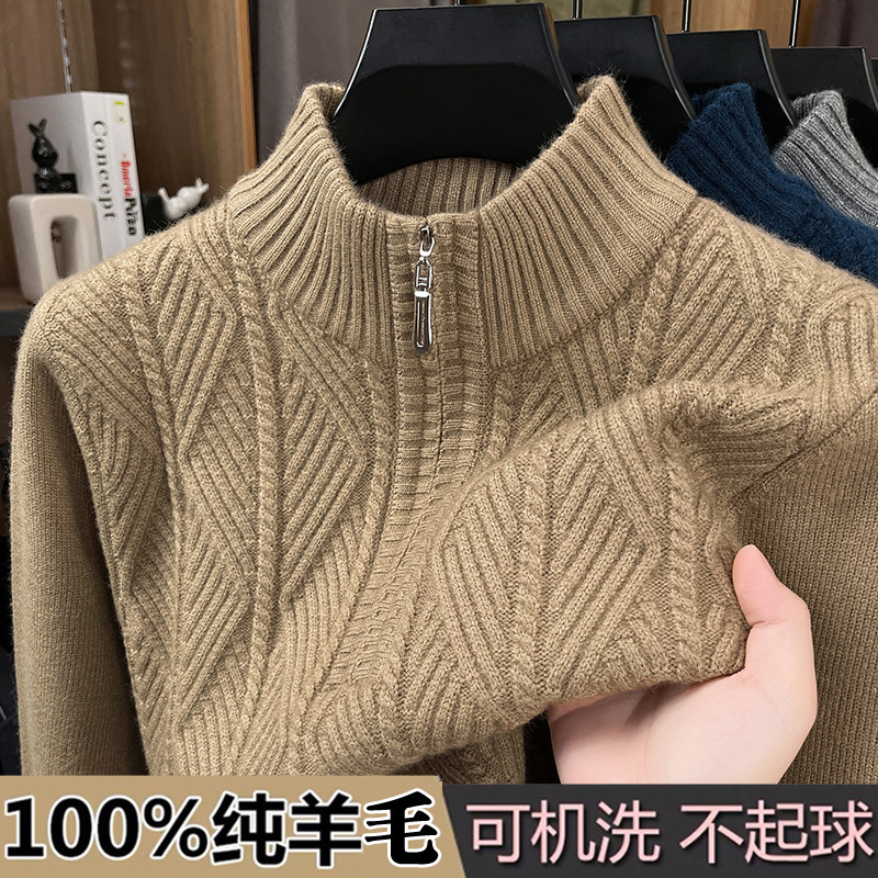 100% Pure Wool Knitwear Men's Thickeneded Middle-Aged Half Turtleneck Zipper Thick Needle Fashion Casual Knitwear Large Size Knitwear