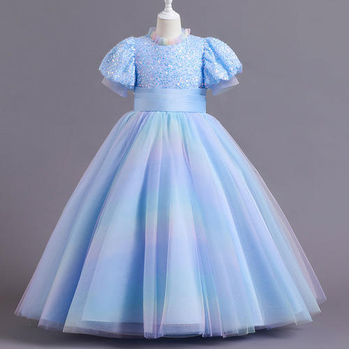 GIRL'S COURT STYLE DRESS WITH BUBBLE SLEEVES, SPARKLING CHOCOLATE NET, Puffy Princess Dress, Long Train, Gradient Evening Gown, Flower Girl Dress