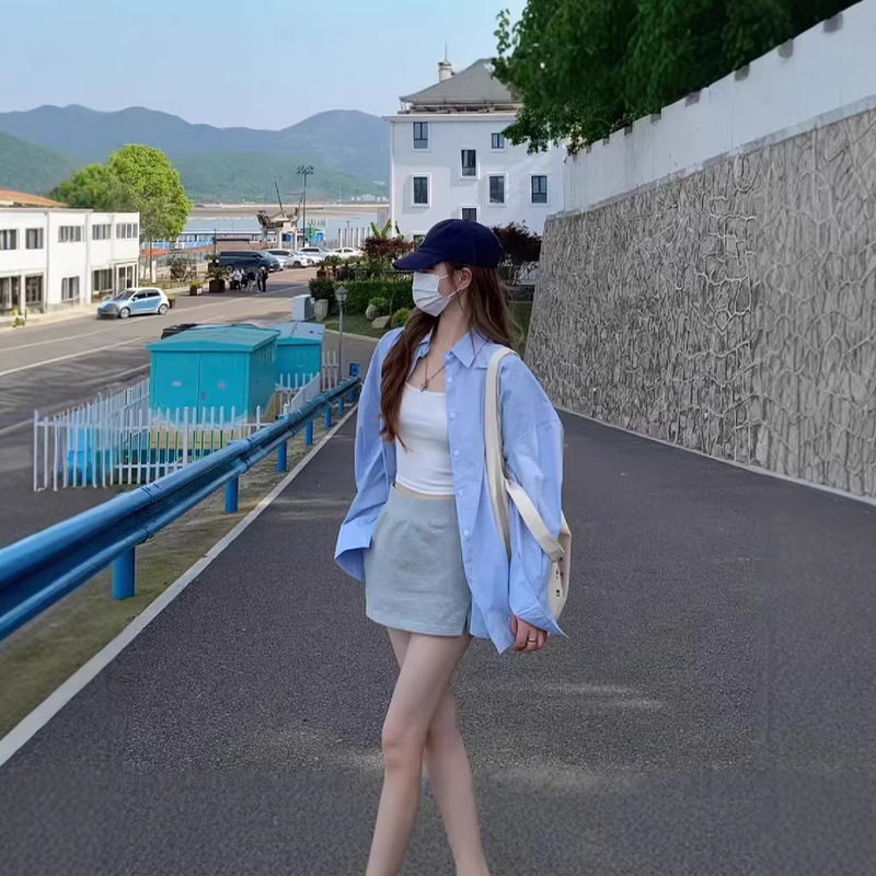 Blue Long-Sleeved Shirt for Women 2026 Spring and Autumn Korean Style Loose Fit Versatile Casual Sun Protection Shirt Jacket Top Blue Long-Sleeved Shirt for Women 2026 Spring and Autumn Korean Style Loose Fit Versatile Casual Sun Protection Shirt Jacket Top