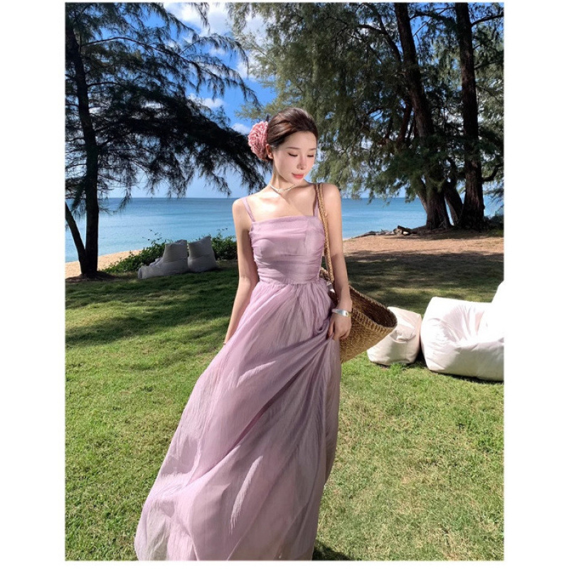 绝美海边度假白色吊带连衣裙女夏季温柔风法式超仙收腰气质长裙子|undefined