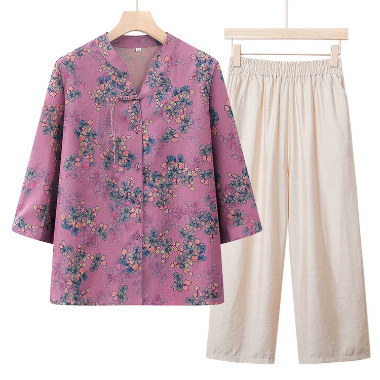 Бабушка кардиган костюм топ мама летняя старушка одежда среднего и пожилого возраста женская летняя рубашка с короткими рукавами