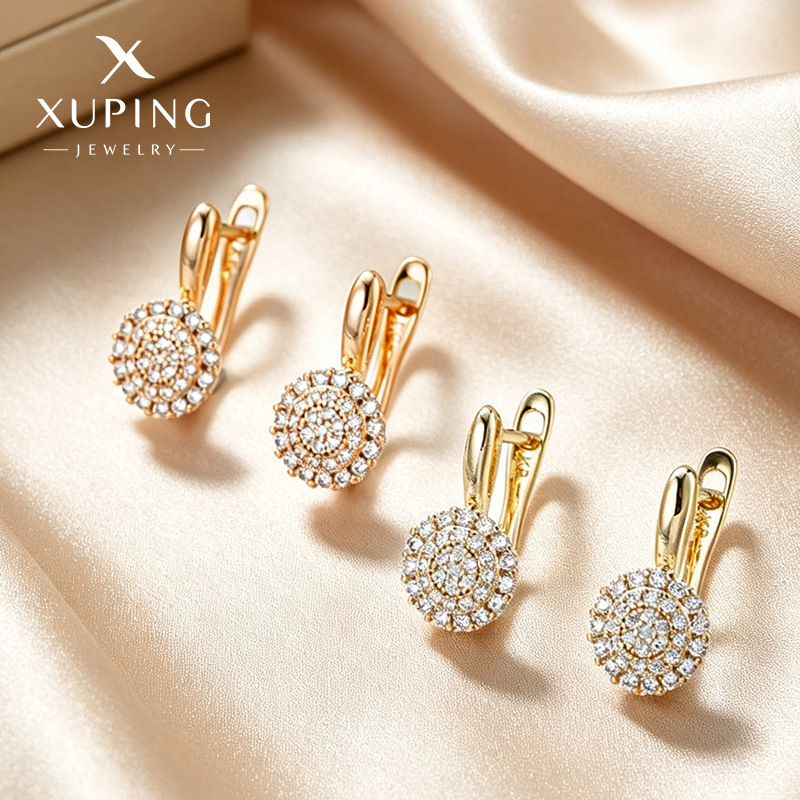Pendientes Xuping de Amazon y AliExpress, elegantes y exquisitos pendientes de aleación de cobre con incrustaciones de circonita redonda en forma de T, venta al por mayor para mujeres