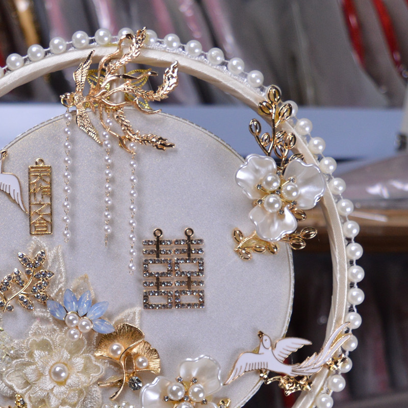 Bridal fan wedding DIY material package handmade double-sided embroidery wedding fan bride Chinese wedding show Hehuafu fan 