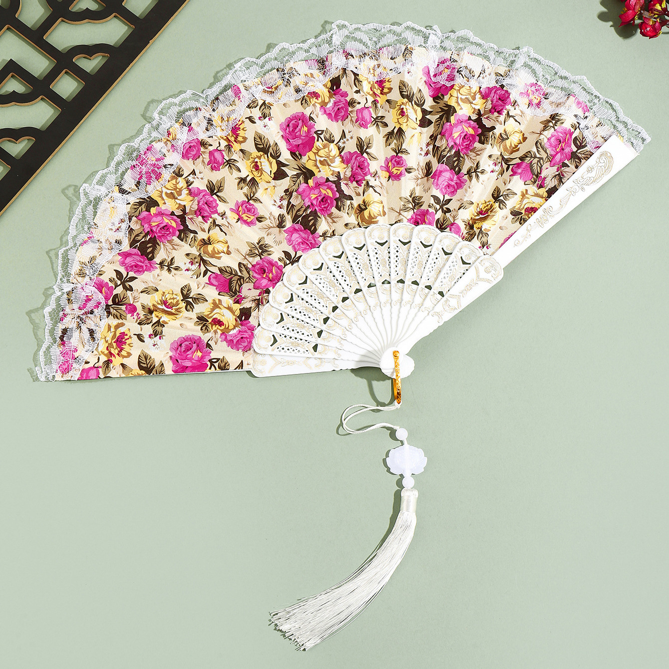 Abanico Plegable de Algodón con Borlas y Encaje para Decoración image 1