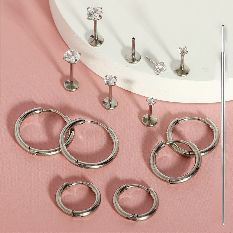 13-Piece Stainless Steel Classic Pin Style Zirconia Stud Ear Cartilage Studs Body Piercing Flat Bar Lip Studs Nose Studs detail image 8