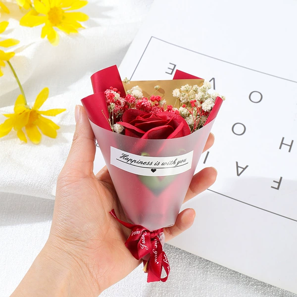 Wine red rose soap flower+red and white full+red gold paper+fog transparent paper