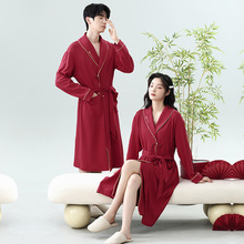 秋季红色开衫系带睡袍情侣款结喜庆本命娘男女同款浴袍家居服春秋