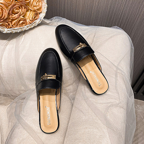 【Su Yinyin's Same Style】 Must Buy for Detailers_Classic Lock Buckle Genuine Leather Toe Half Slide Women's Mules Outdoor Slippers 