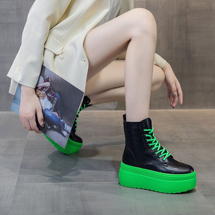 Boots for Women 2024 Autumn and Winter New Thick-Soled British Style Leather Boots for Women Trbottomyy Heightening Slim Short Boots Green Soles