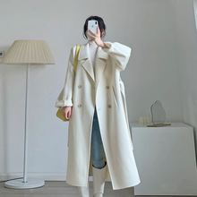 2025秋冬中长款感双面绒毛呢外套女米白色新款小个子呢子大衣