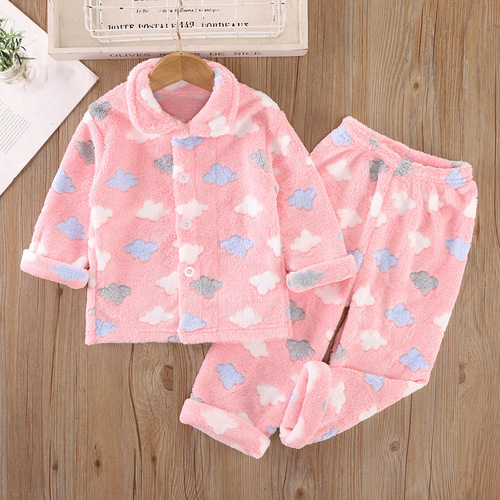 Children's thickened flannel pajama set for kids, cute cartoon coral fleece loungewear for baby girls