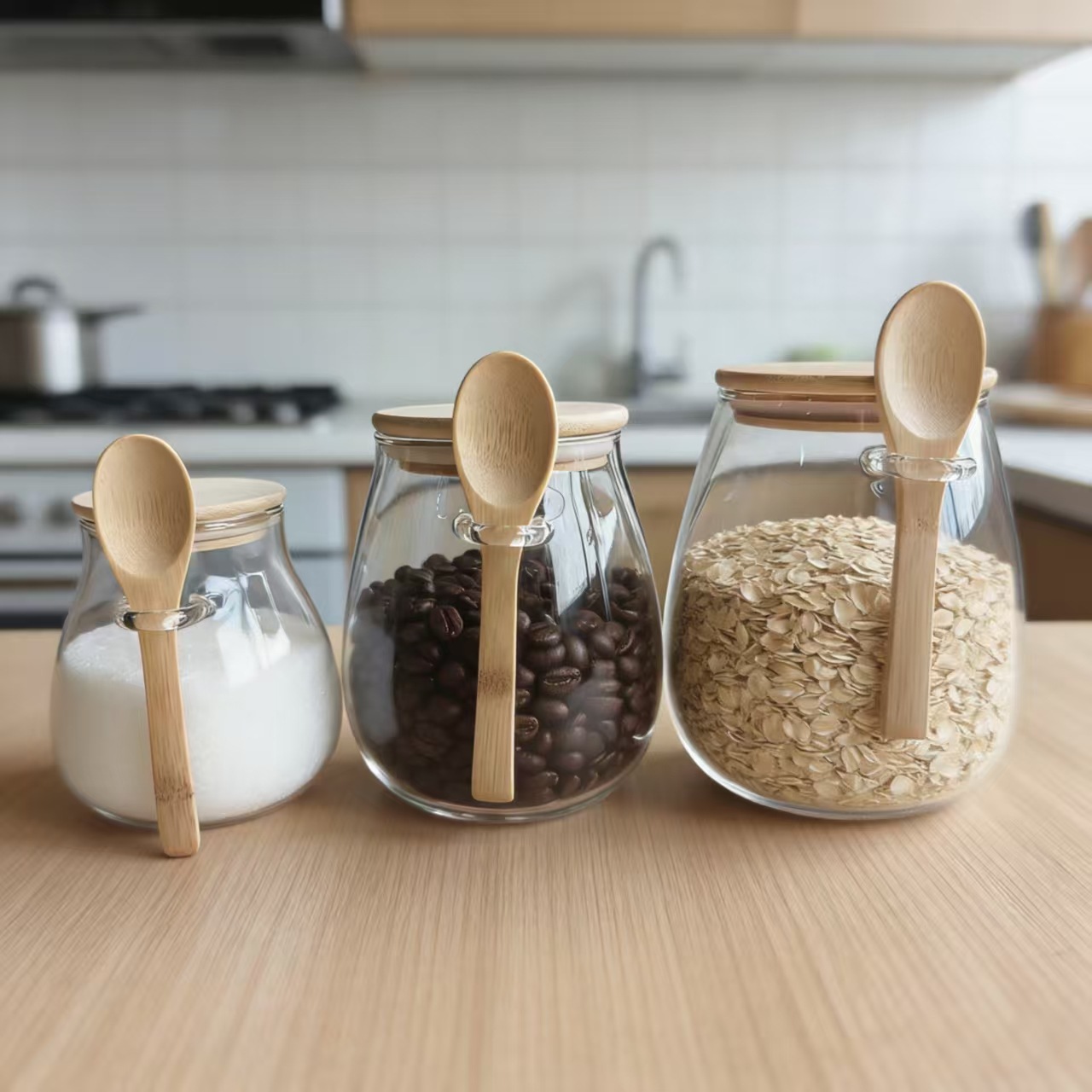 TEMU跨境圆形木勺调料罐透明高硼硅玻璃储存罐糖果食品收纳密封罐