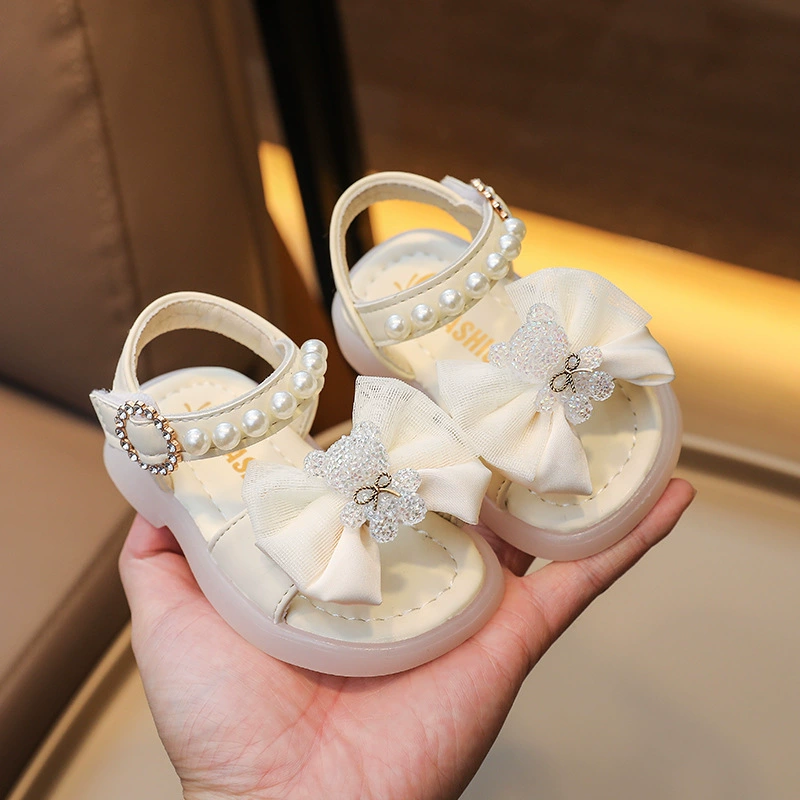 Summer children's footwear for early age with velcro, sandals with bow for princess, 0-3 years, soft sole