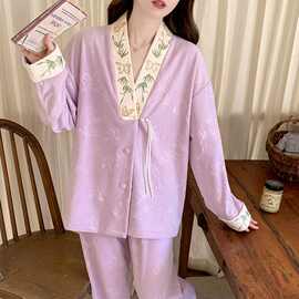 新款中式海岛绒女舒适法绣花修身款温暖保暖家居服睡衣套装批发