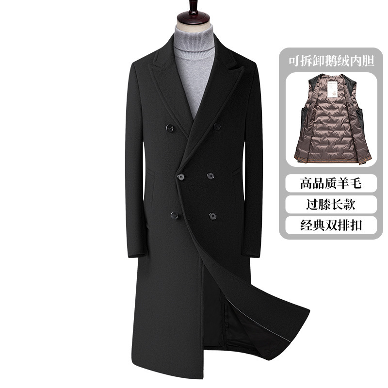 Men's woolen coat with detachable goose down lining, double-breasted long Korean-style slim-fit woolen overcoat